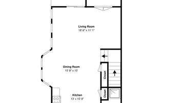 A floor plan with a living room, dining room, kitchen, bathroom, and balcony.