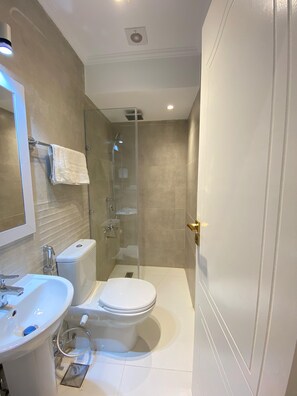 Hair dryer, towels, soap, toilet paper