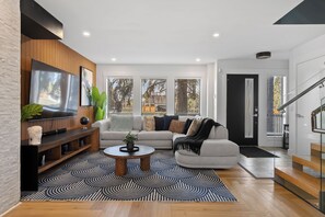 Smart TV, fireplace, books, stereo