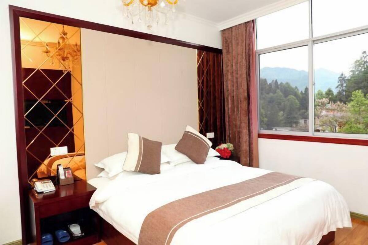 A hotel room with a bed, a nightstand with a phone and a lamp, a window with a view of trees, and a chandelier.