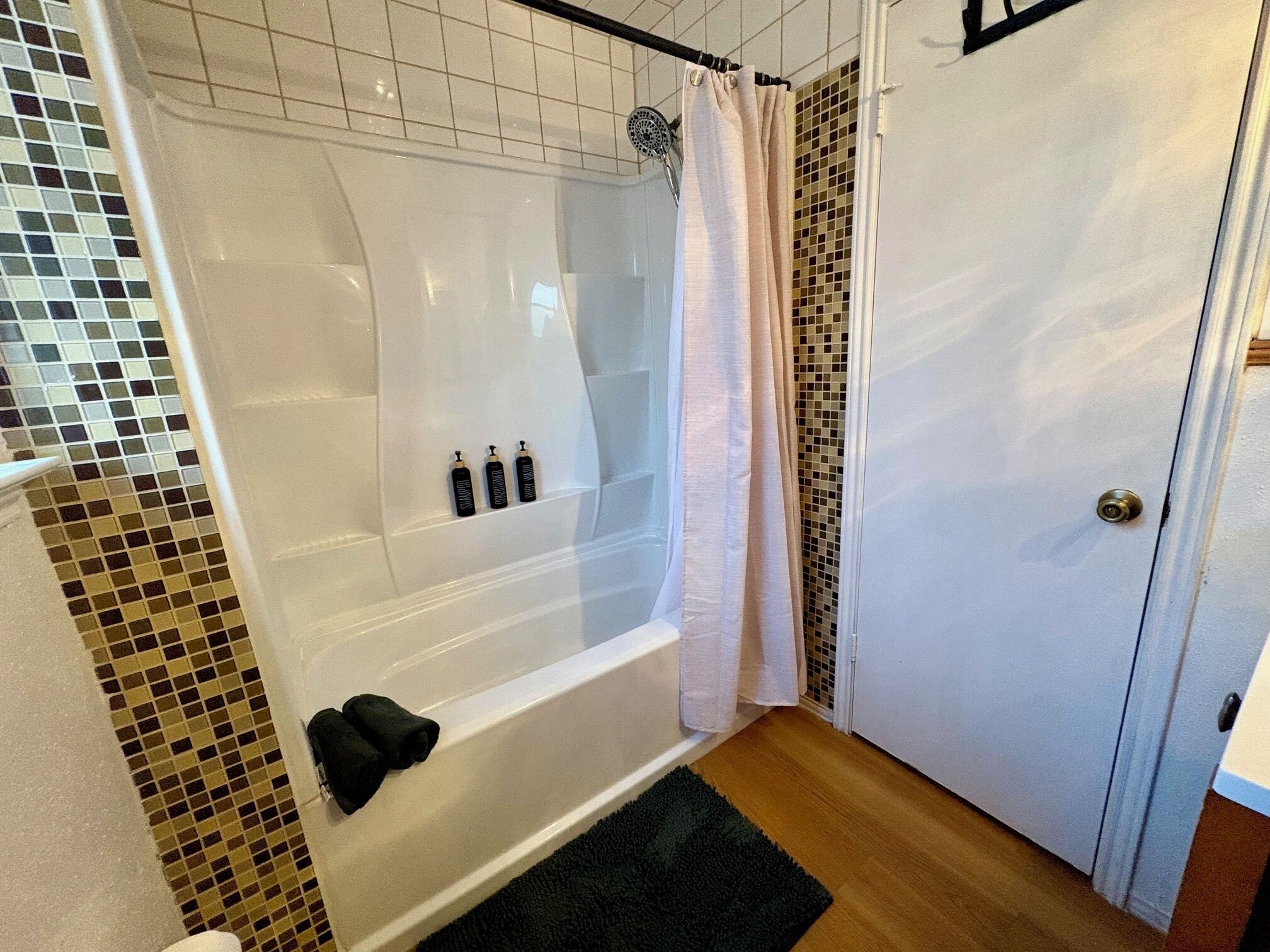 Hair dryer, towels, soap, shampoo