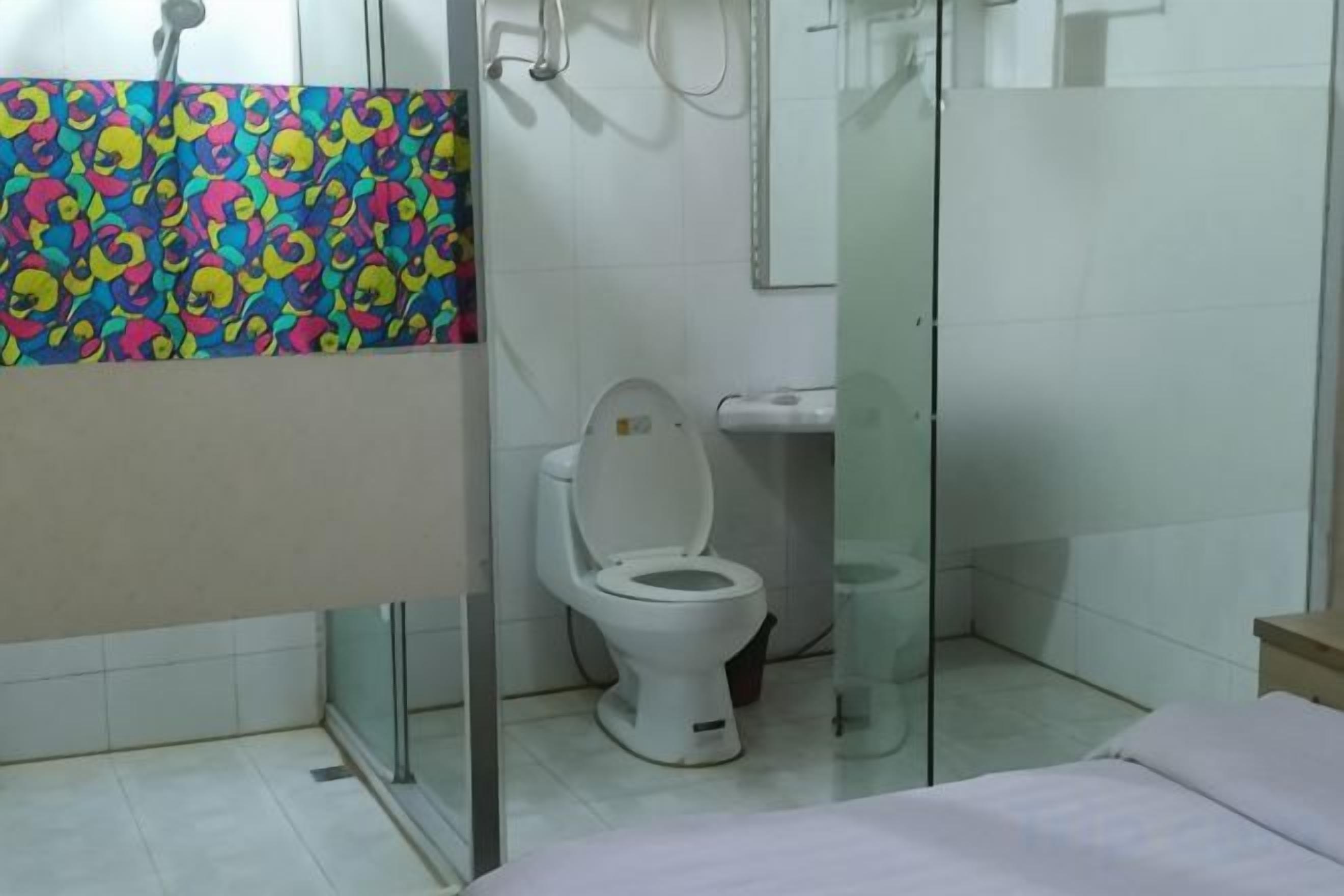 A bathroom with a shower, toilet, and a bed.