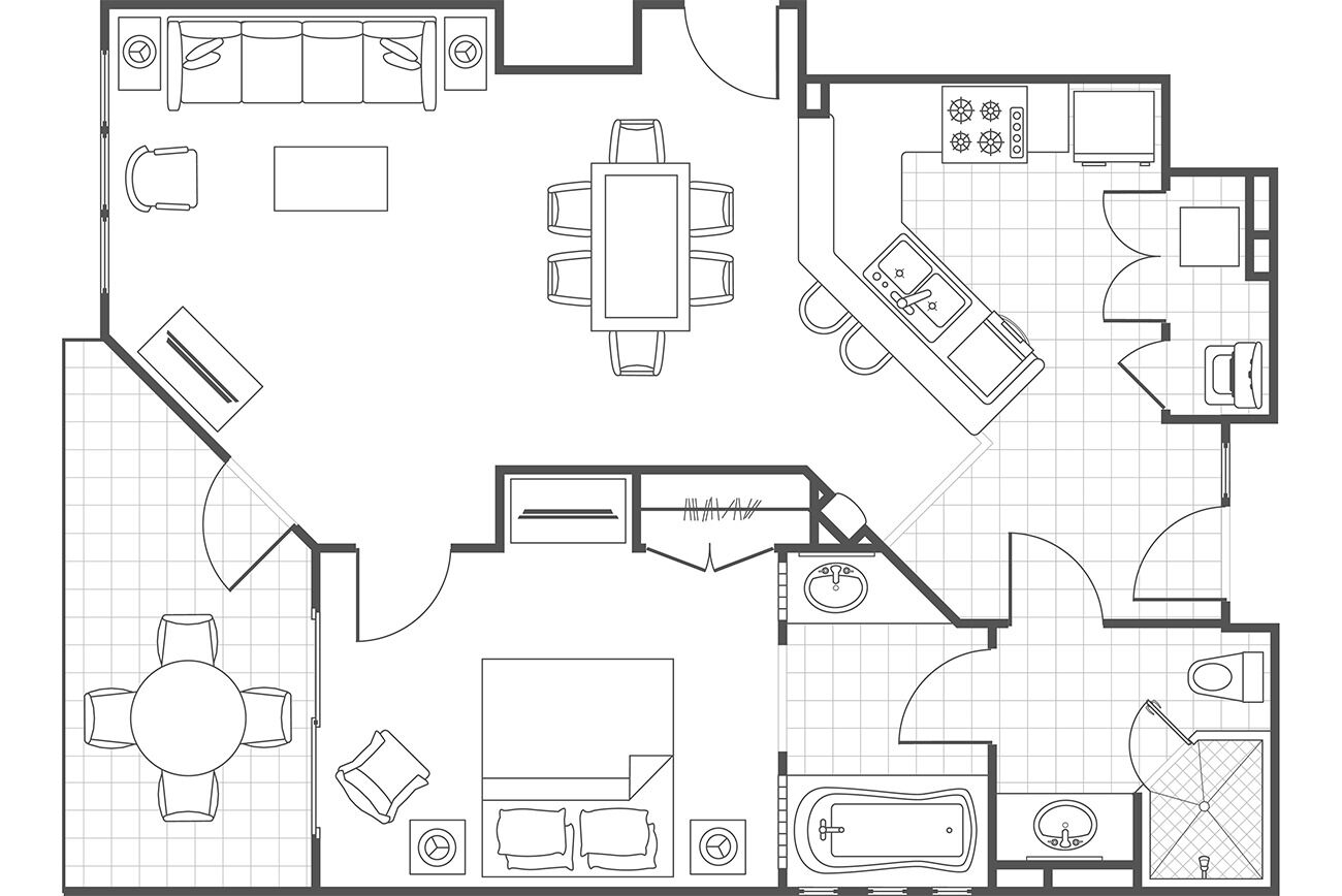 Ein Grundriss eines Hotels mit Essbereich, Küche, Wohnzimmer und Badezimmer.