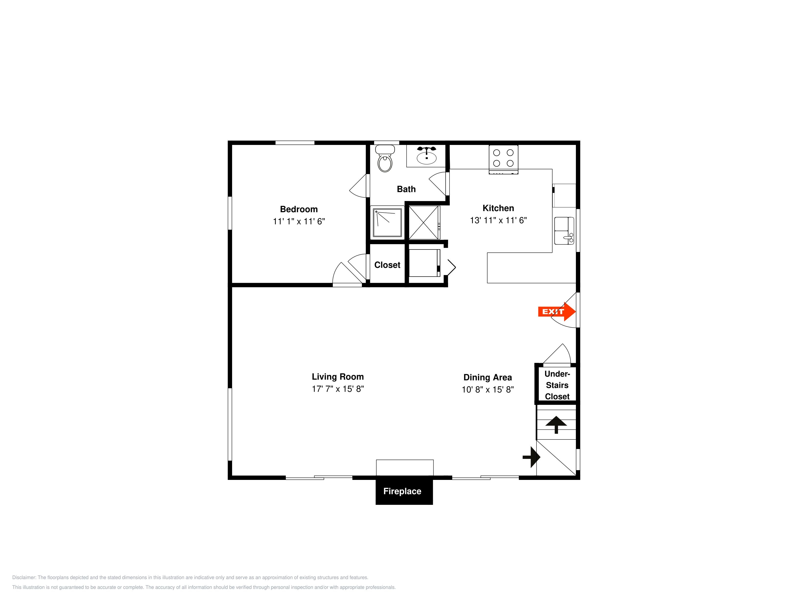 A floor plan with a bedroom, bathroom, kitchen, living room, dining area, and under-stairs closet.