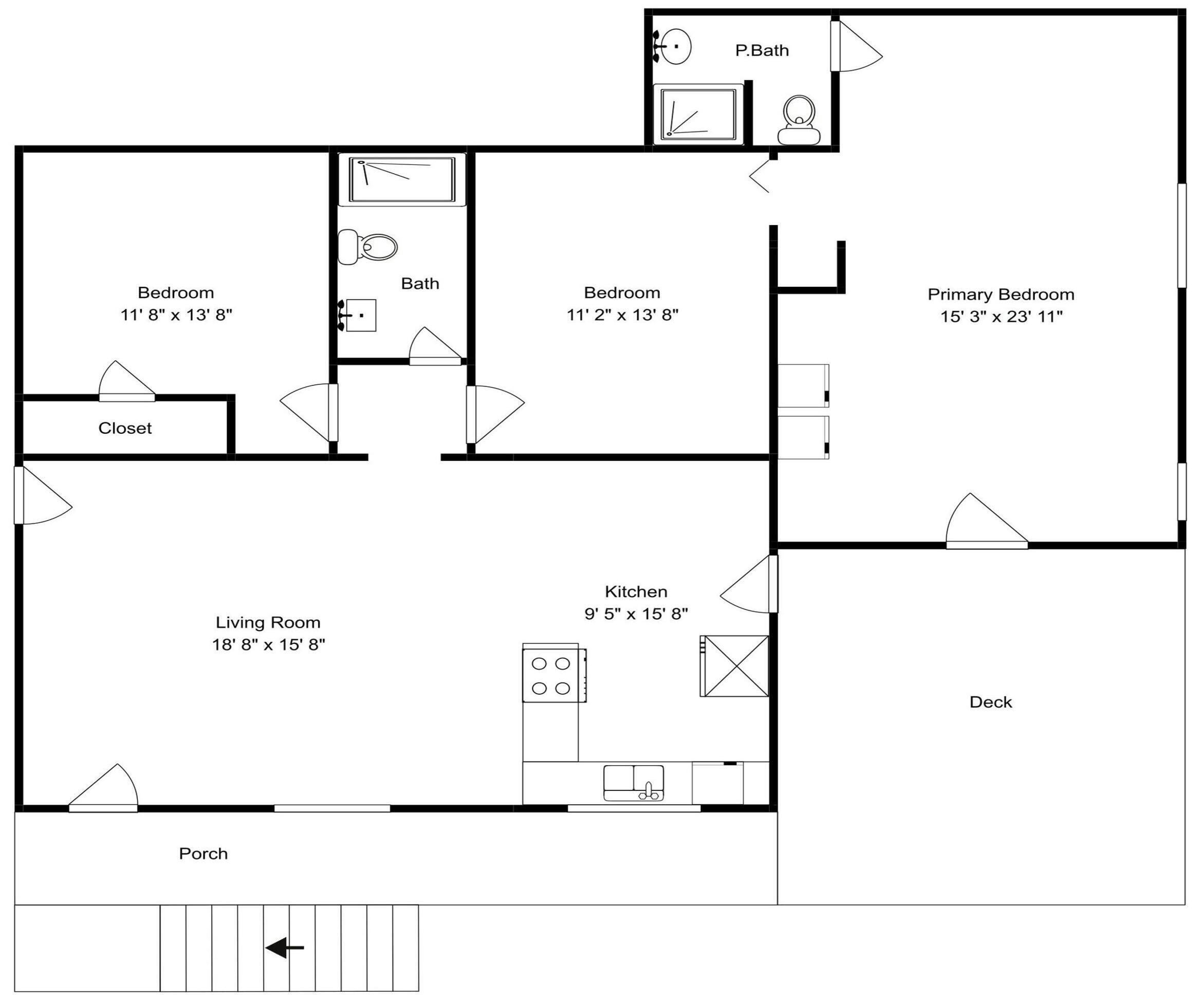 Plano de planta que muestra una sala de estar, cocina, dos dormitorios, un baño y un porche.