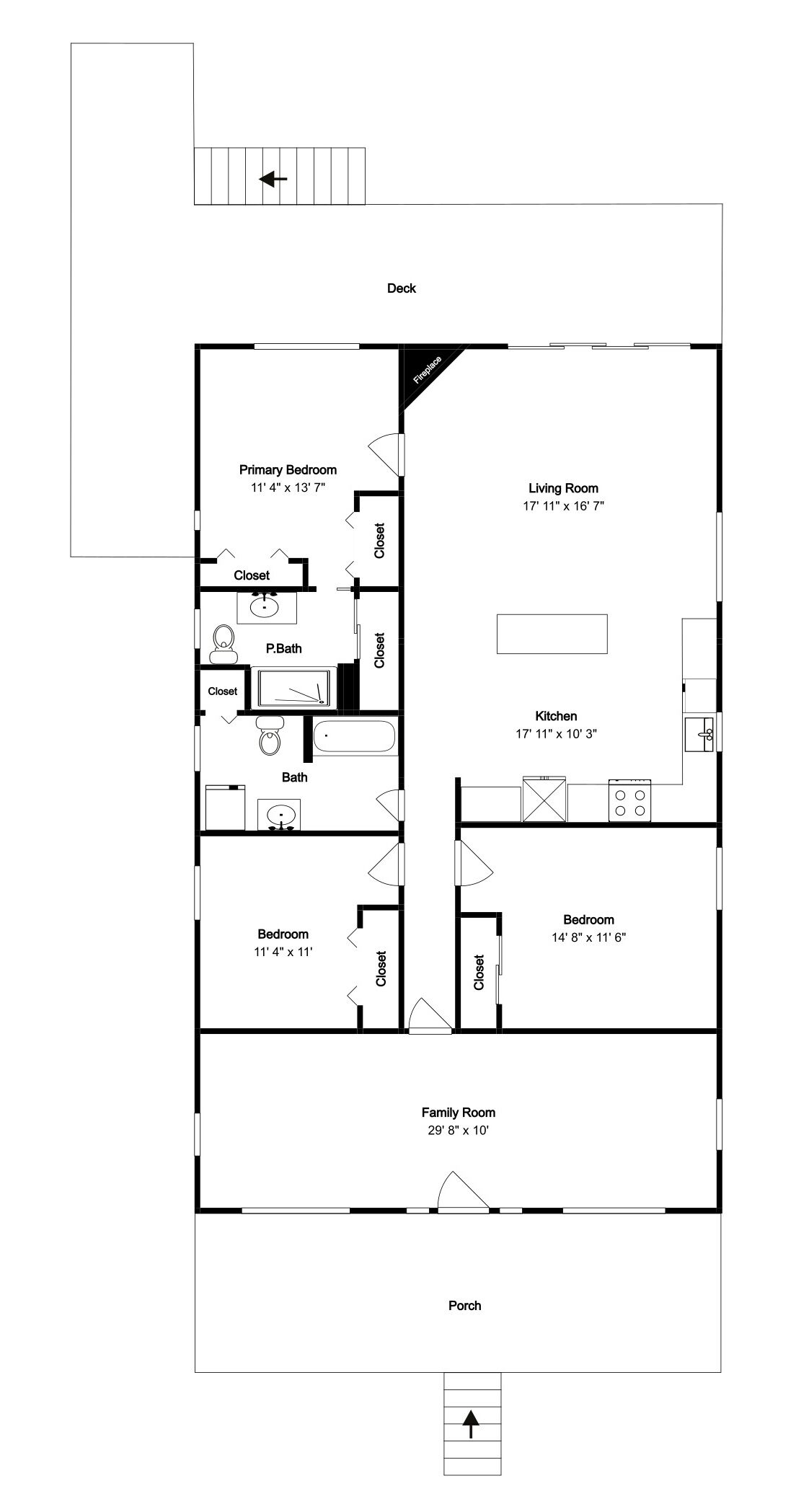 Un plan d’étage d’une propriété comprenant une chambre principale, un salon, une cuisine, deux chambres, une salle familiale et une véranda.
