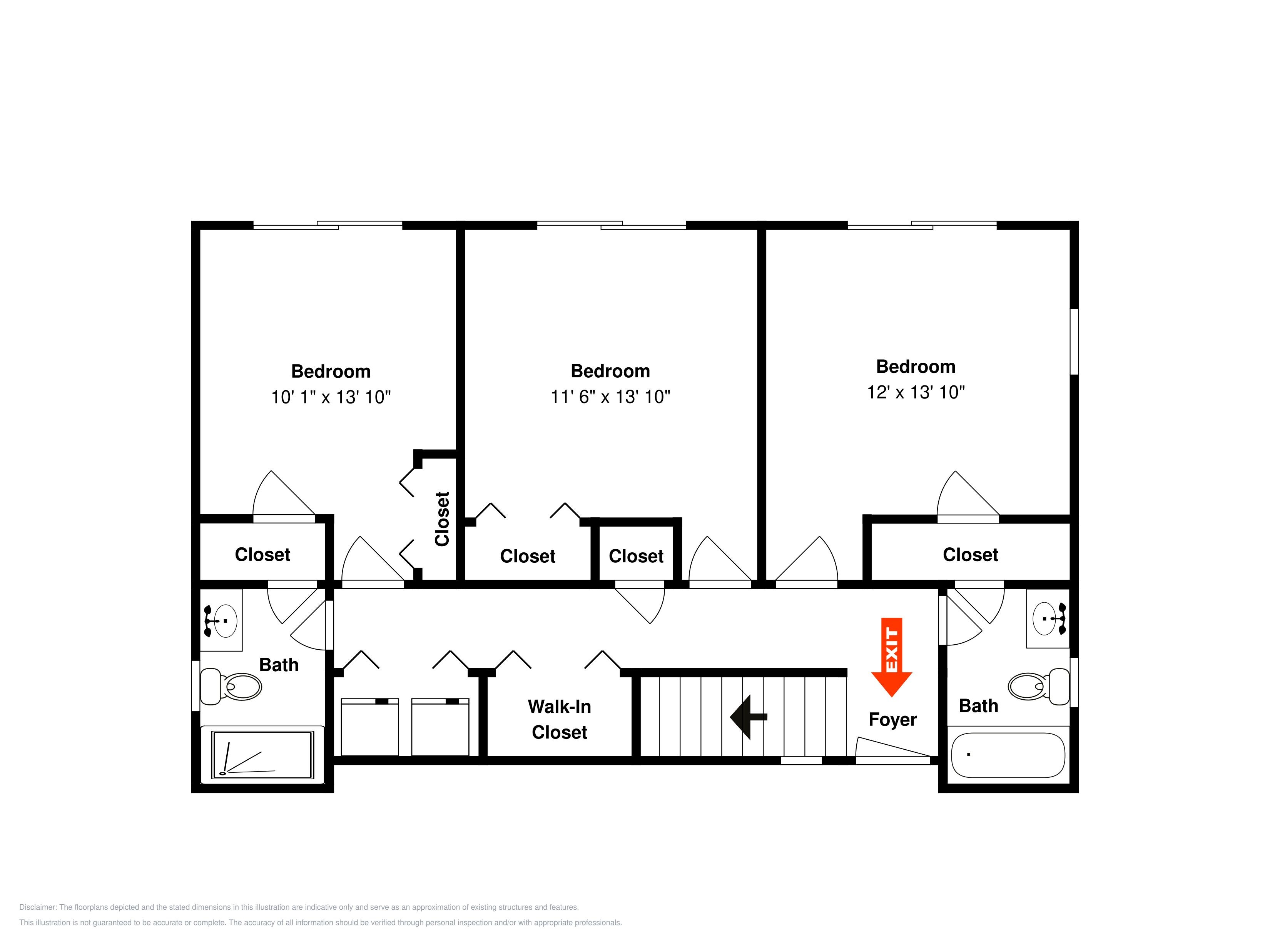 A floor plan with three bedrooms, two closets, a walk-in closet, a foyer, and two bathrooms.