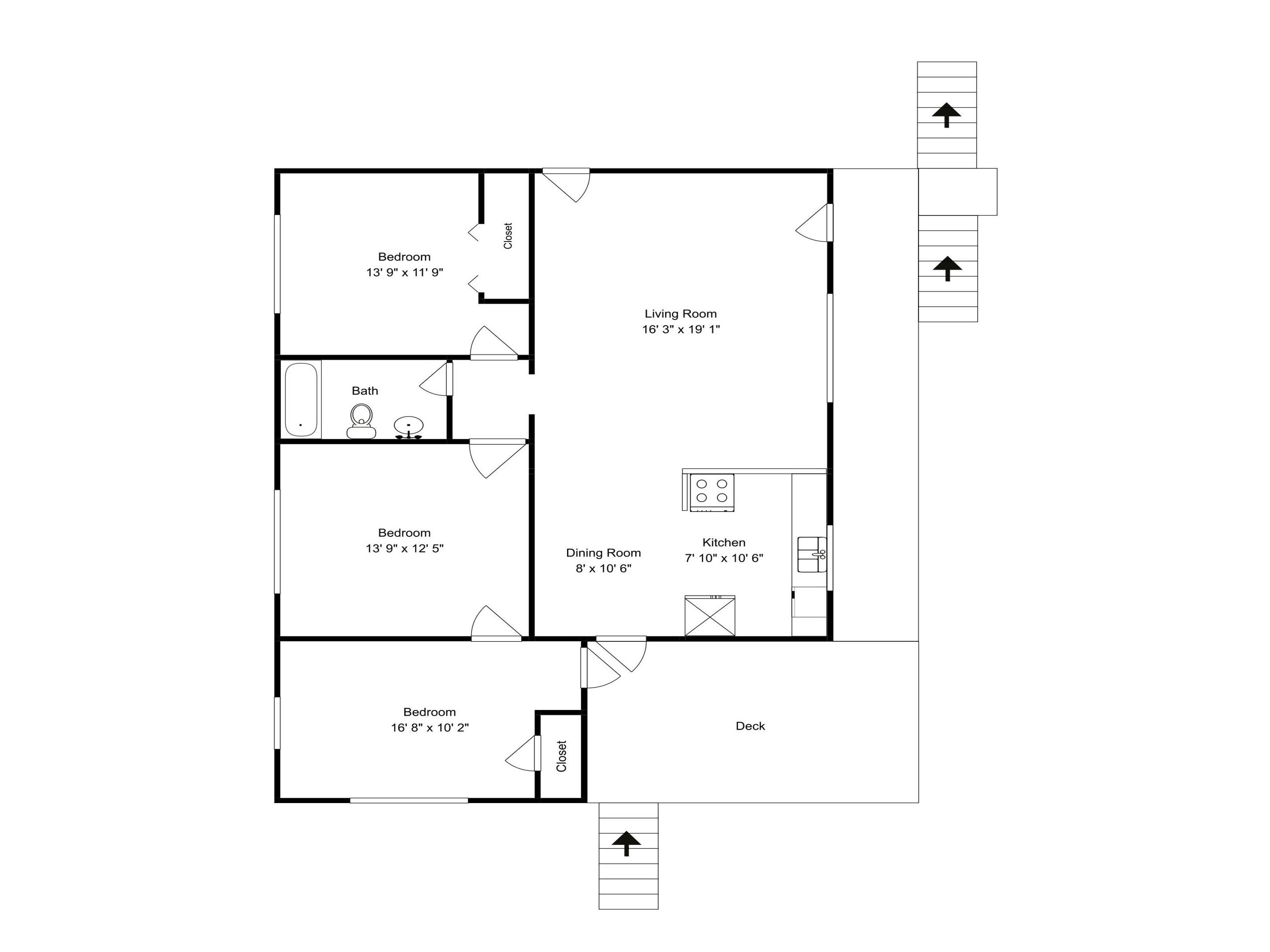 A floor plan of a house with three bedrooms, a living room, a dining room, a kitchen, a bathroom, and a deck.