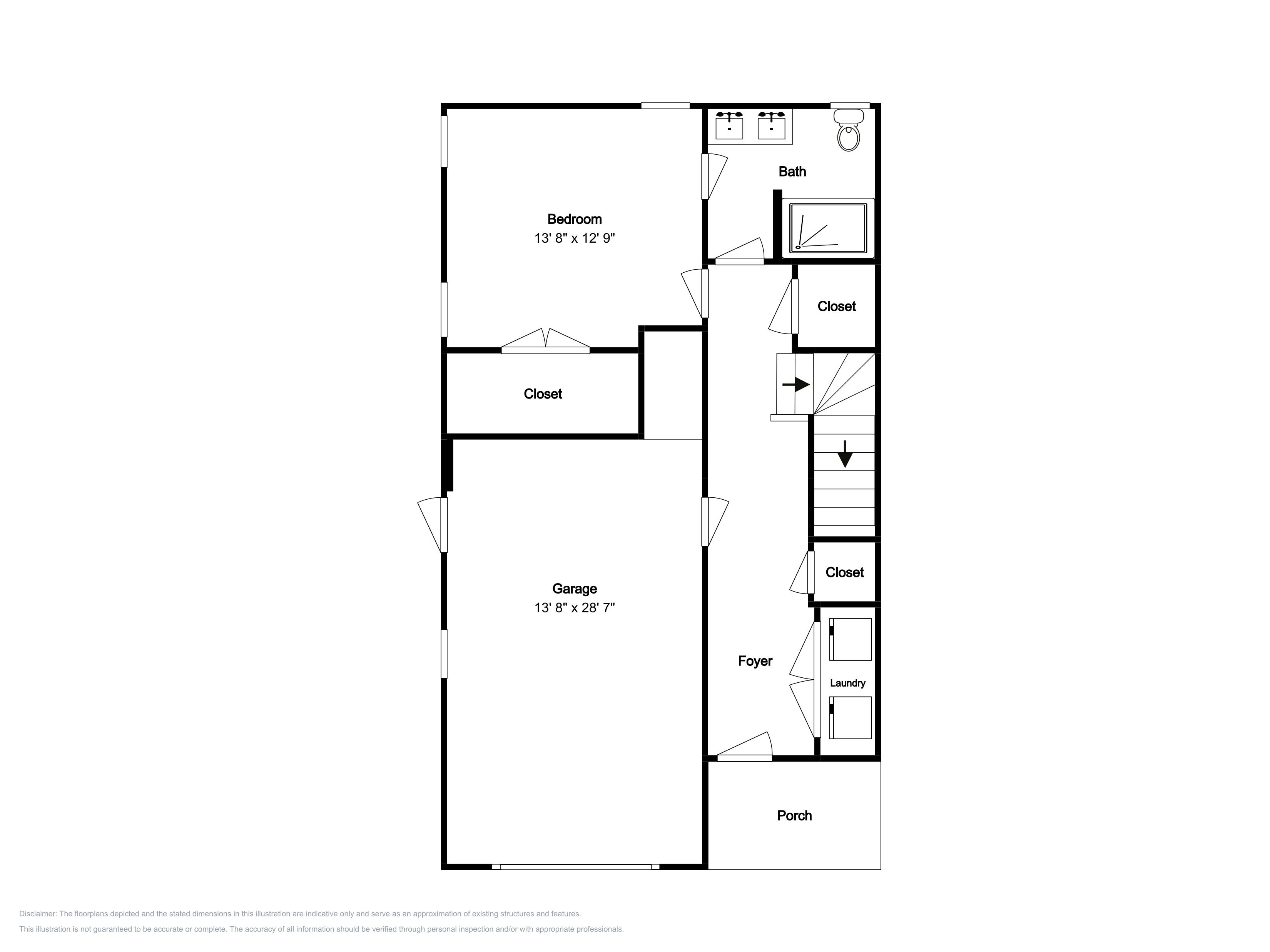 Un plan d’étage comprenant une chambre, un placard, un garage, une salle de bain, un hall d’entrée, une buanderie et une véranda.
