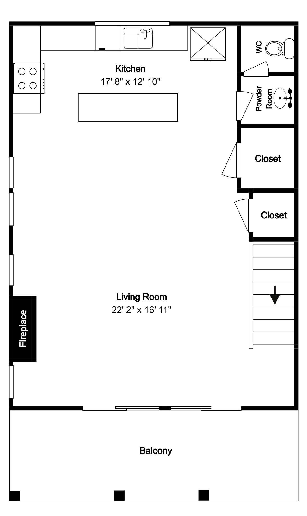 A floor plan with a kitchen, powder room, closet, fireplace, and living room.