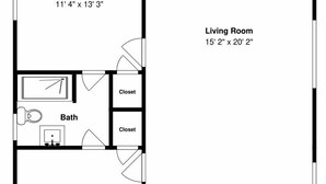 Een plattegrond van een huis met een terras, twee slaapkamers, een woonkamer, een keuken, een badkamer en een veranda.