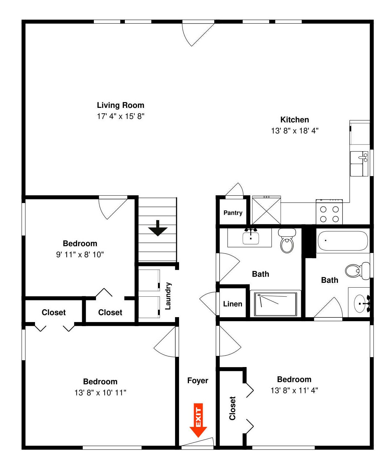 A floor plan with a living room, kitchen, two bedrooms, a bathroom, and a pantry.