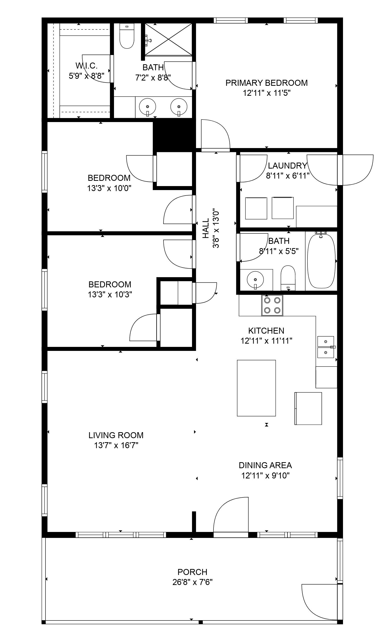 A floor plan of a house with a primary bedroom, two bedrooms, a living room, a kitchen, a dining area, a bathroom, a porch, and a hall.