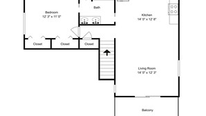 A floor plan with a bedroom (12' 3" x 11' 5"), a bathroom, a kitchen (14' 5" x 12' 8"), a living room (14' 5" x 12' 3"), and a balcony.