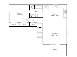 En planritning som visar ett sovrum (3,7 m x 3,5 m), ett badrum, ett kök (4,4 m x 3,9 m), ett vardagsrum (4,4 m x 3,7 m) och en balkong.