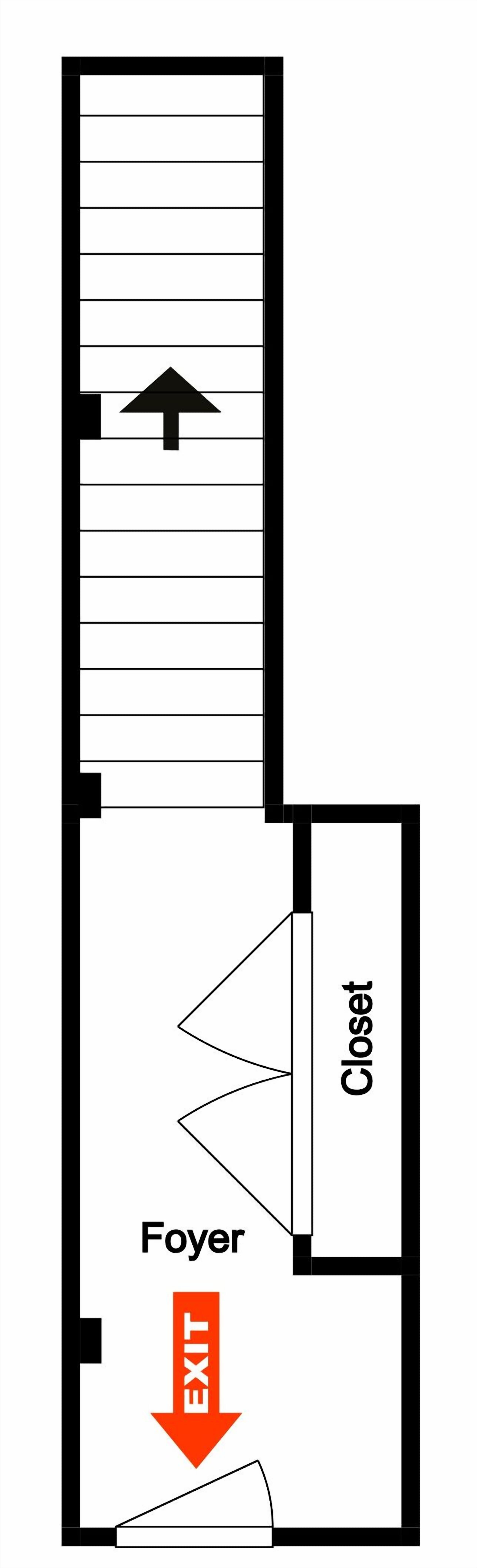 Un plan d’étage comprenant un placard, un hall d’entrée et une sortie.