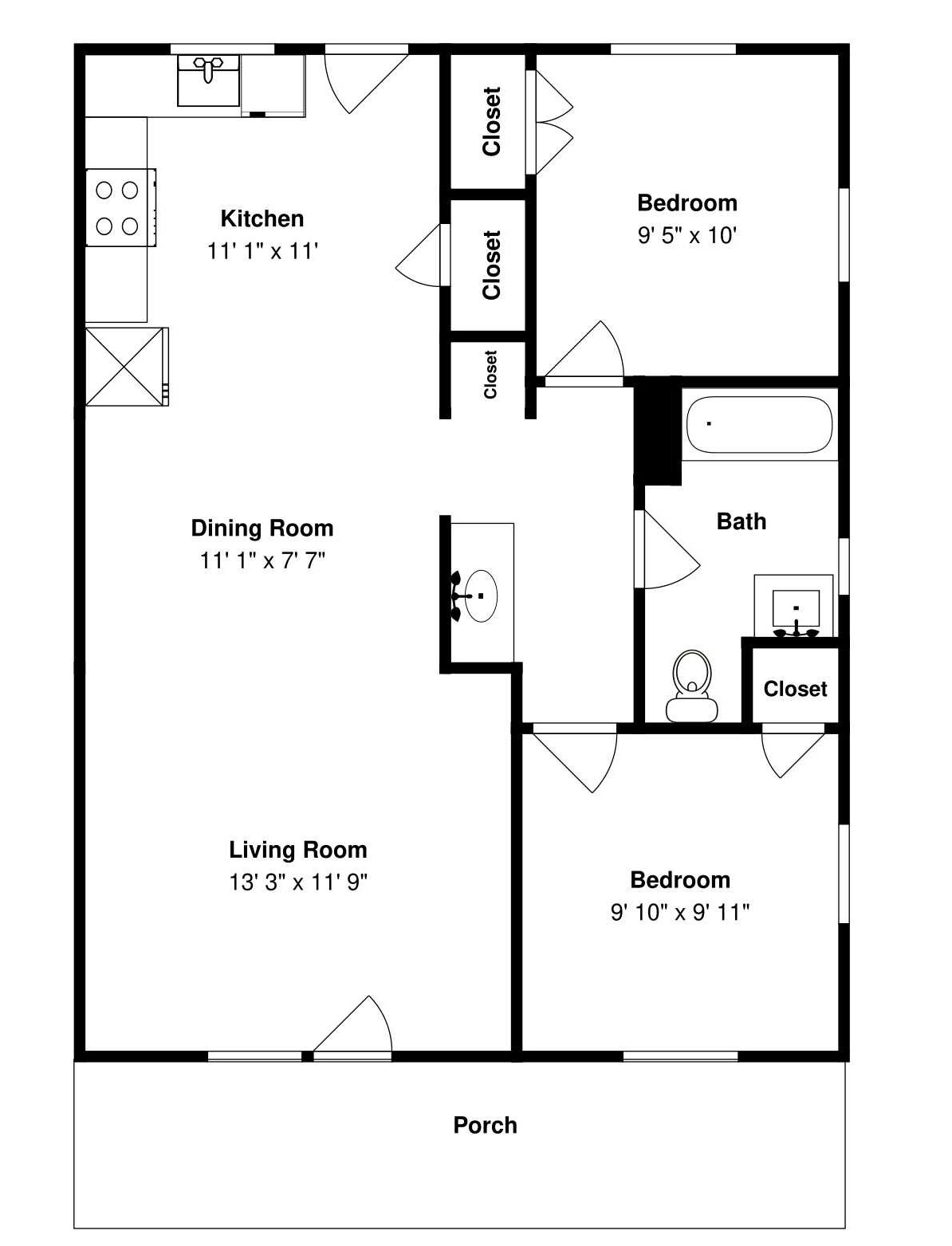 Ein Grundriss mit Küche, Esszimmer, Wohnzimmer, zwei Schlafzimmern, einem Badezimmer und einer Veranda.