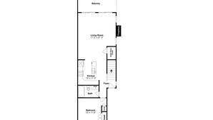 A floor plan of a house with a balcony, living room, kitchen, bathroom, bedroom, and fireplace. - Lucky Ducky by Carolina Retreats (Carolina Beach)