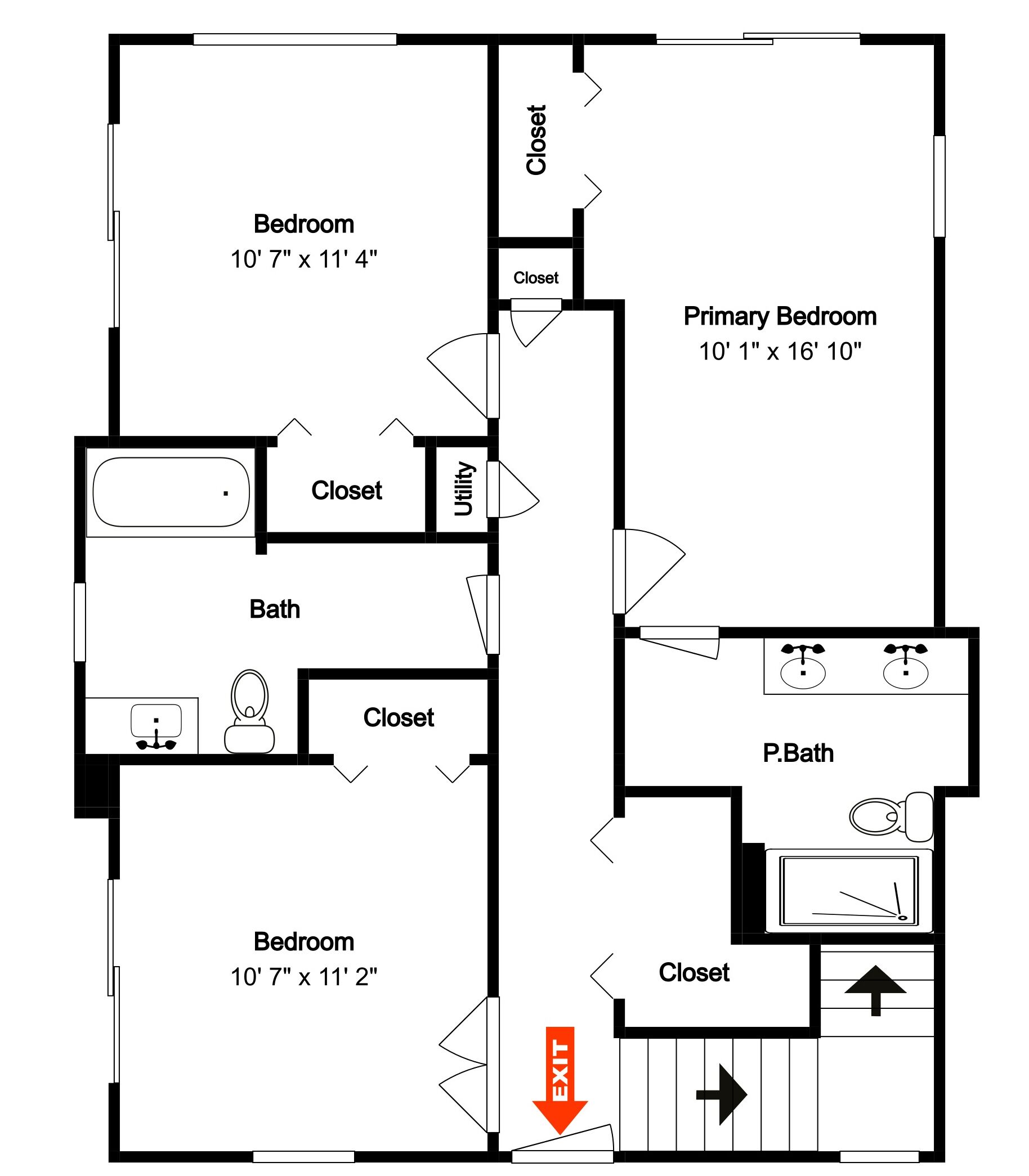 Plan d’étage d’un hôtel comprenant deux chambres, une salle de bain, une chambre principale et une salle de bain privative.