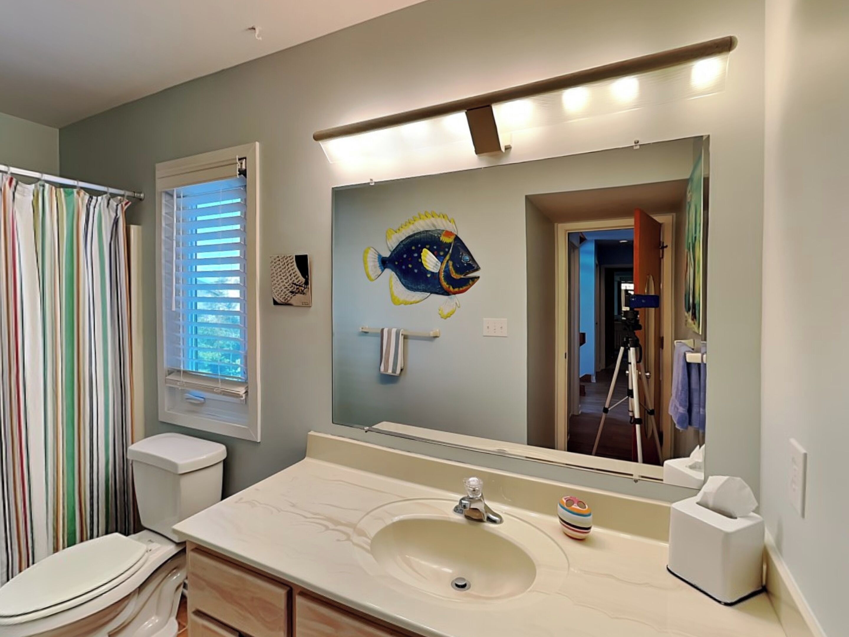A bathroom with a striped shower curtain, a toilet, a sink with a mirror above it, and a towel rack.