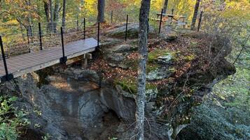 A wooden bridge over a rocky terrain with a metal fence, surrounded by trees and foliage.
