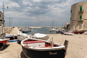 A harbor with boats docked, a stone building with green shutters, and a clear sky.