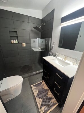 Chuveiro, secador de cabelo, toalhas de banho, sabonete