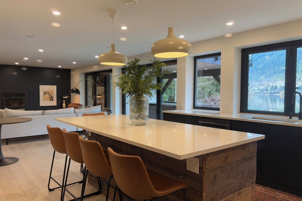 Gourmet Kitchen with Quartz Countertops hardwood floors, indoor out door