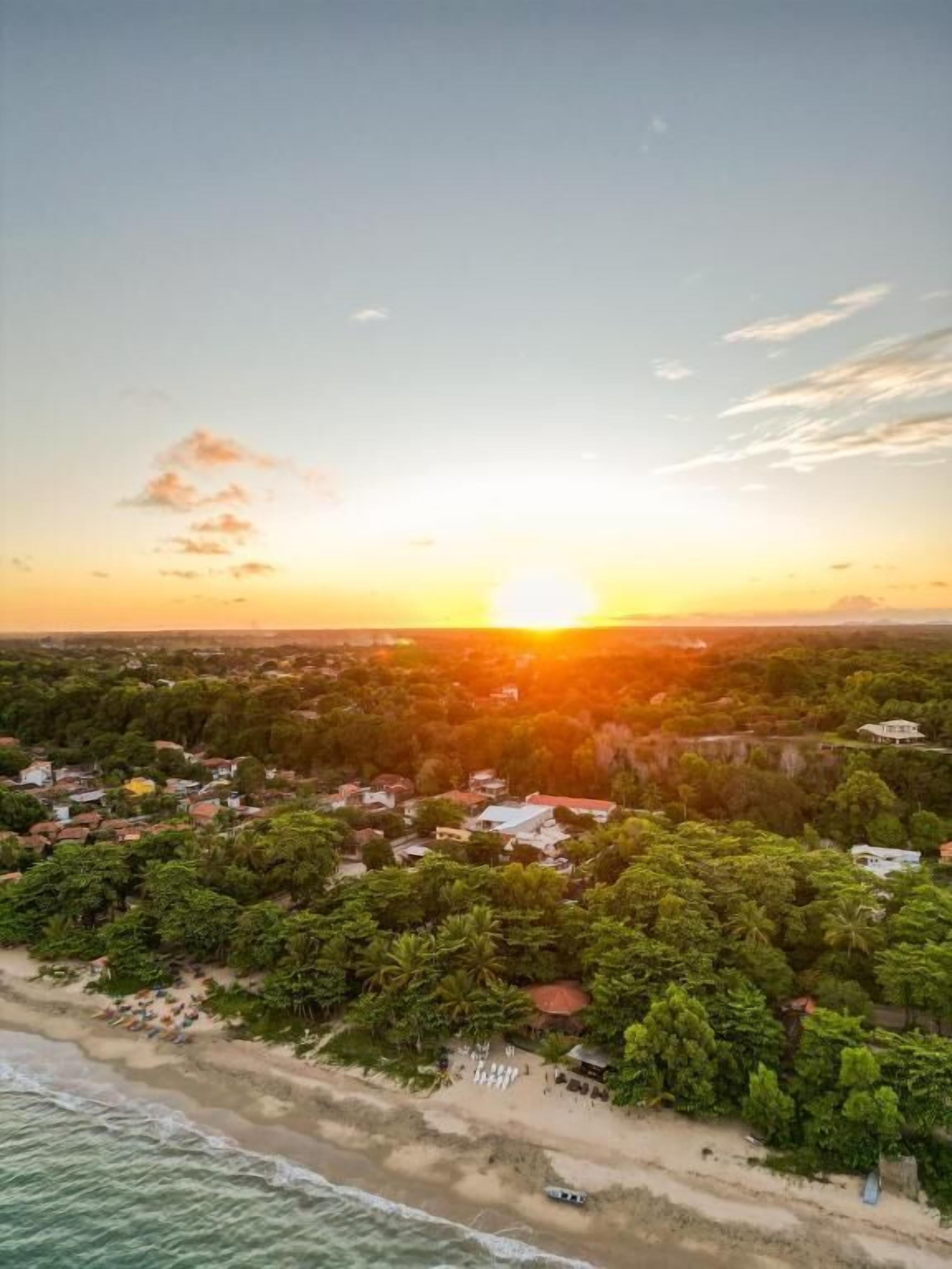 Un paisaje costero con una playa, abundante vegetación y un atardecer.