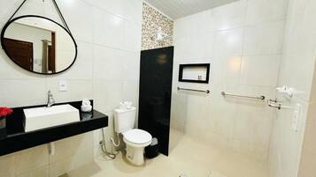 Shower, towels, soap, toilet paper