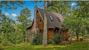 Un chalet rustique en rondins de bois, doté d’une cheminée, entouré d’une végétation luxuriante et d’arbres.