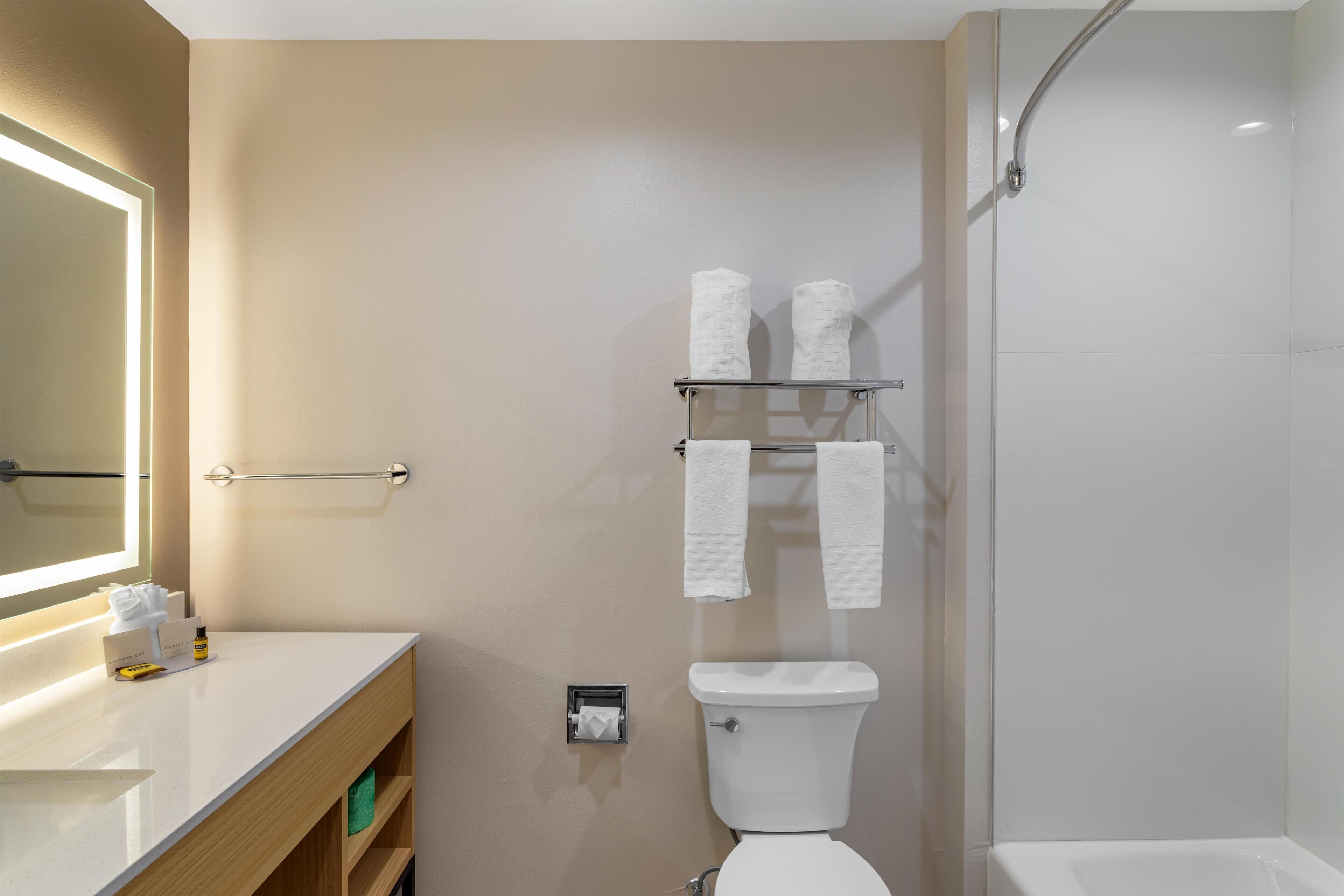 A modern bathroom with a toilet, a shower, a vanity with a mirror, and a towel rack.