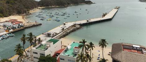 A coastal area with a pier extending into the water, surrounded by buildings and palm trees.