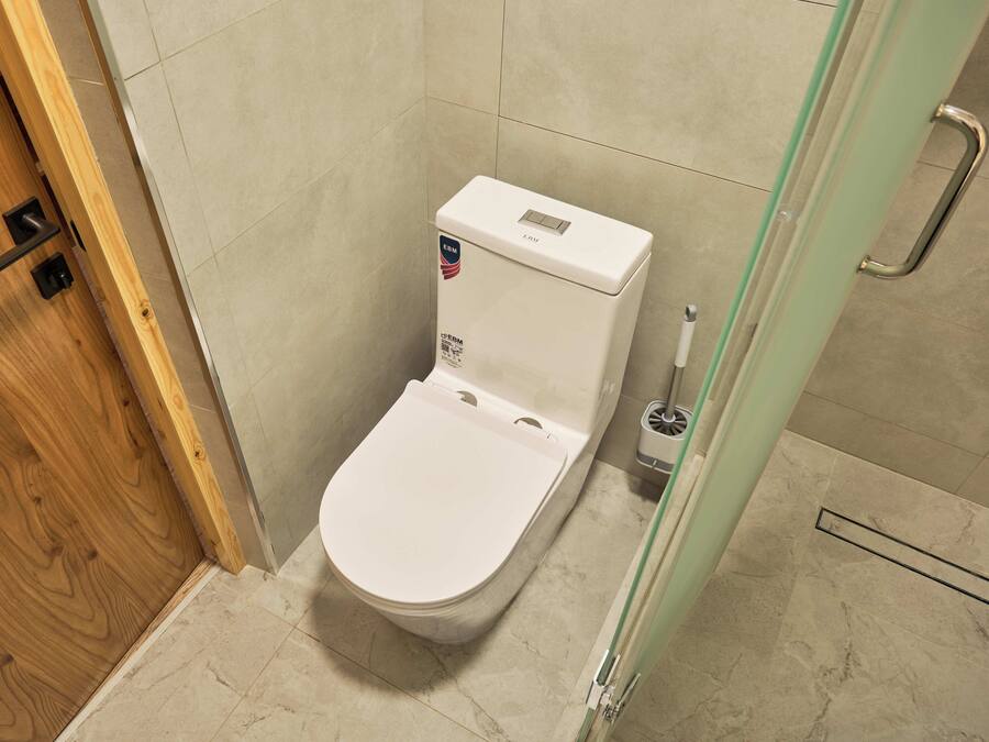 A bathroom with a white toilet, a wooden door, and a glass shower enclosure.