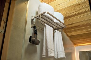 Shower, free toiletries, hair dryer, bidet