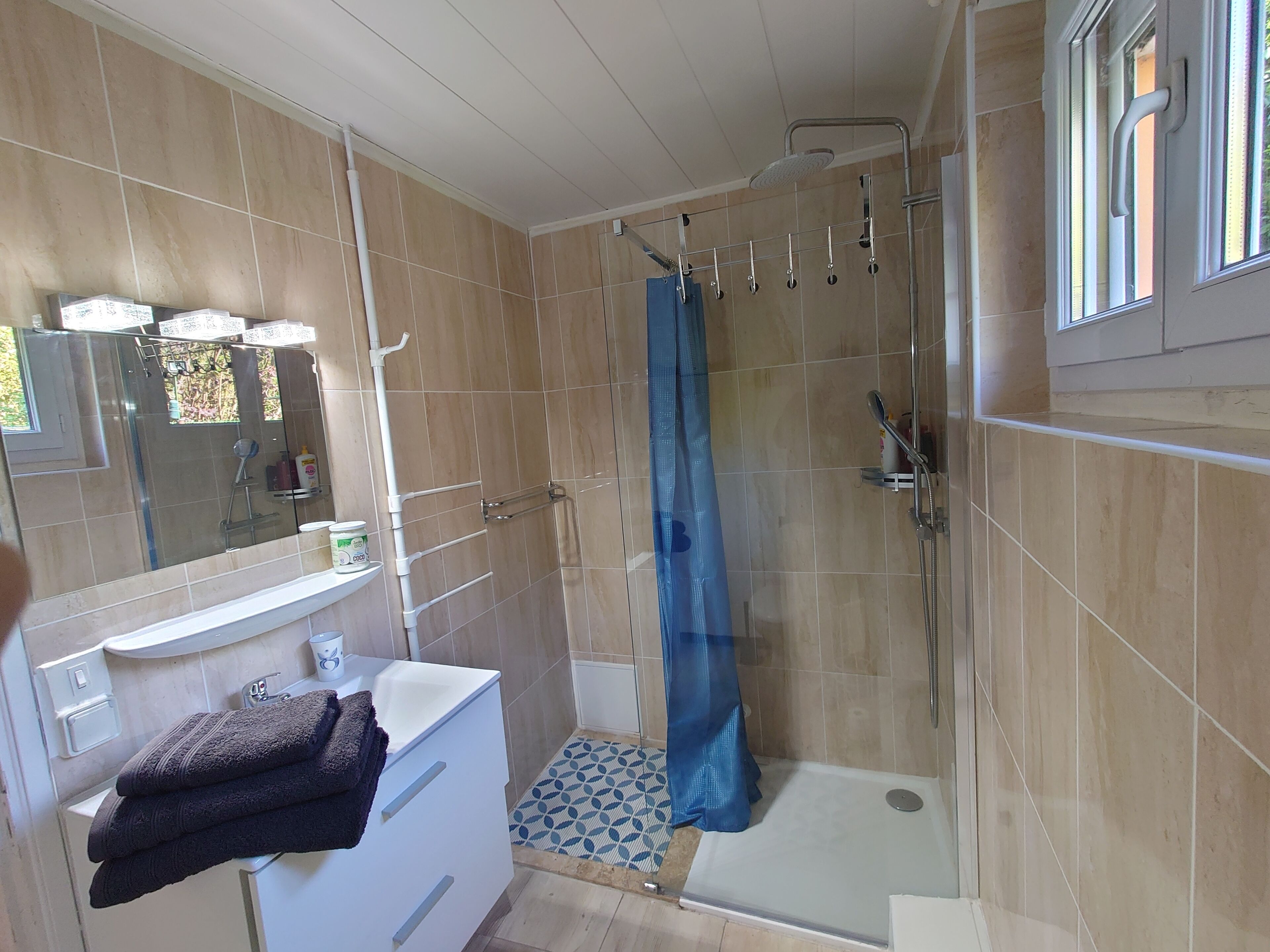 Hair dryer, towels, soap, toilet paper