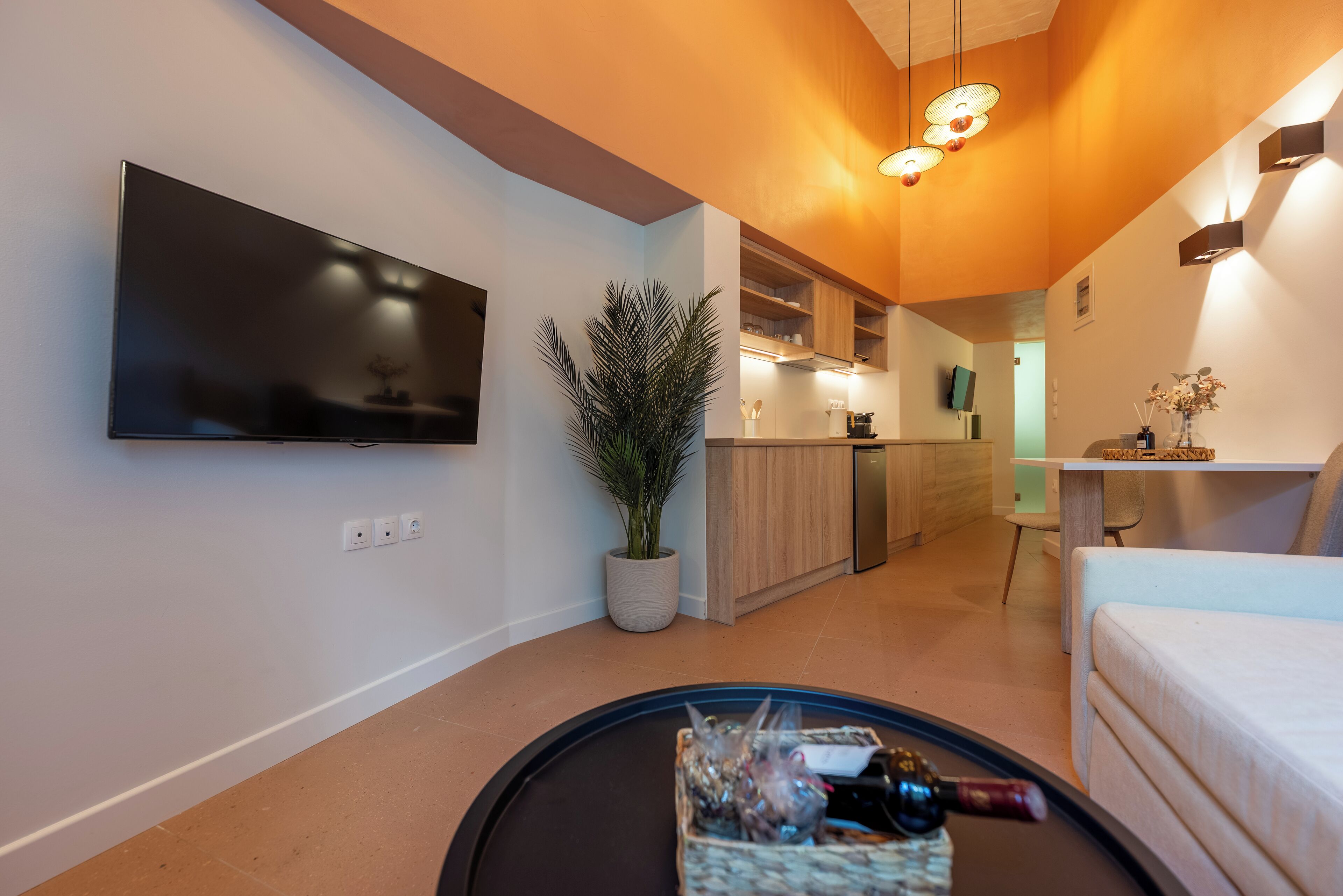 A modern living room with a flat-screen TV, a potted plant, a coffee table with decorative items, a sofa, and a kitchen area in the background.