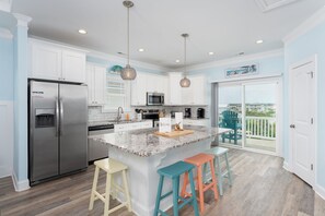 Fridge, microwave, oven, stovetop - Luxurious Oceanfront B home w/pool, elevator, 6BR, steps to the sand and surf (North Topsail Beach)