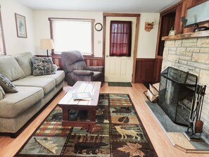 TV, fireplace, DVD player, books