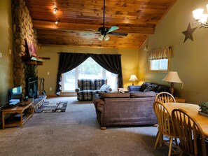 TV, fireplace, DVD player, books