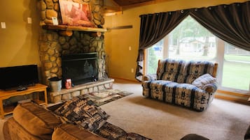 TV, fireplace, DVD player, books