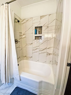 Hair dryer, towels, soap, toilet paper