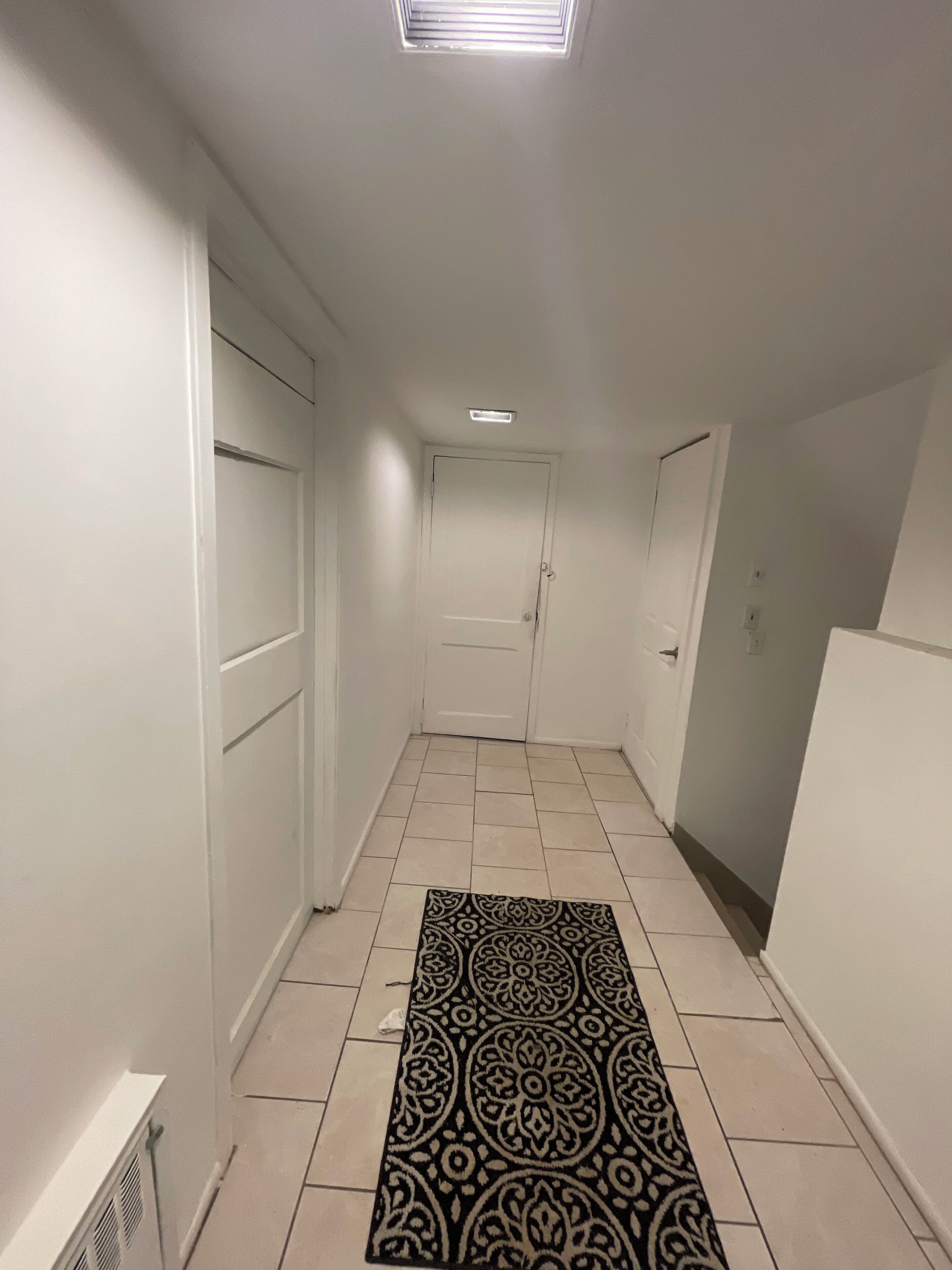 A narrow hallway with white walls, a patterned rug, and a ceiling light.