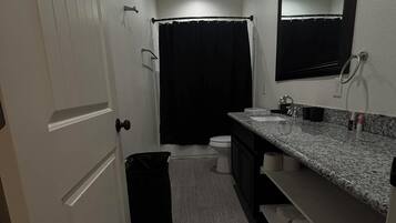 Hair dryer, towels, soap, toilet paper