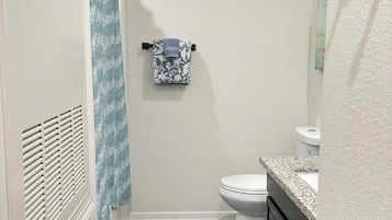 Hair dryer, towels, soap, toilet paper