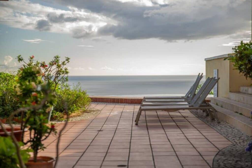 Une terrasse avec vue sur la mer, deux chaises longues et des plantes en pot.