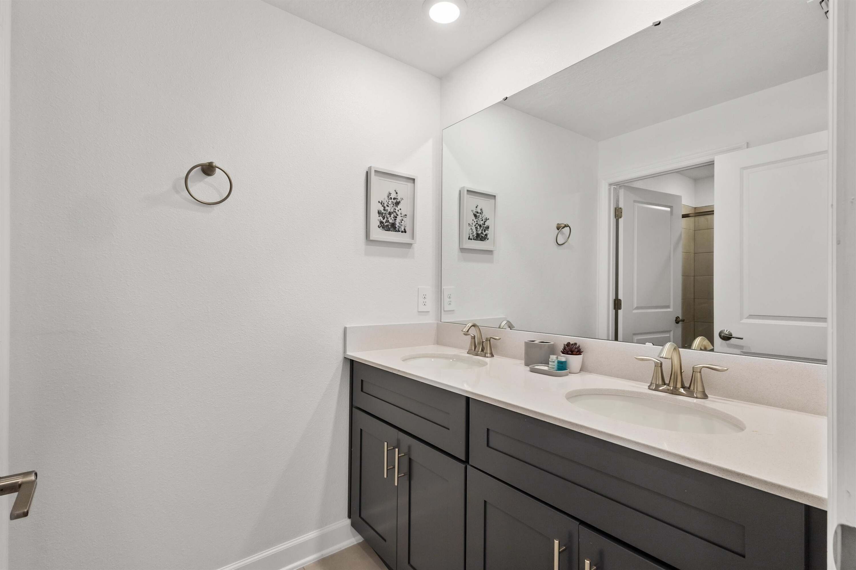 A modern bathroom with two sinks, dark cabinets, and a large mirror.