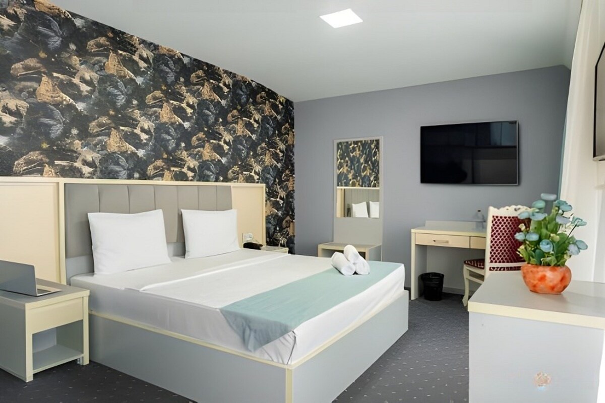 A modern hotel room with a bed, a desk, a chair, a TV, and a plant.