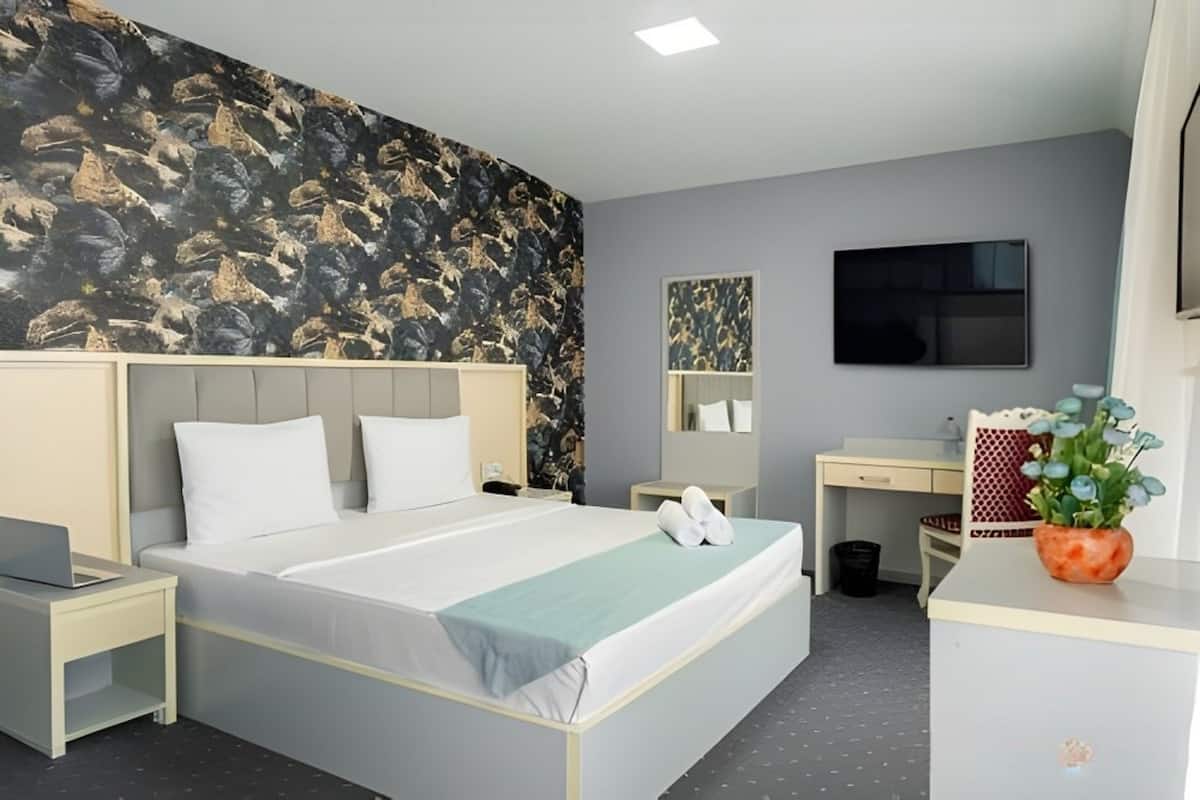 Une chambre d’hôtel moderne équipée d’un lit, d’un bureau, d’une chaise, d’une télévision et d’une plante.