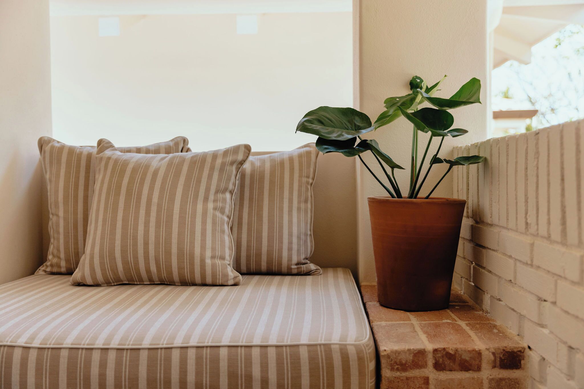 A corner with a cushioned bench, striped pillows, and a potted plant.